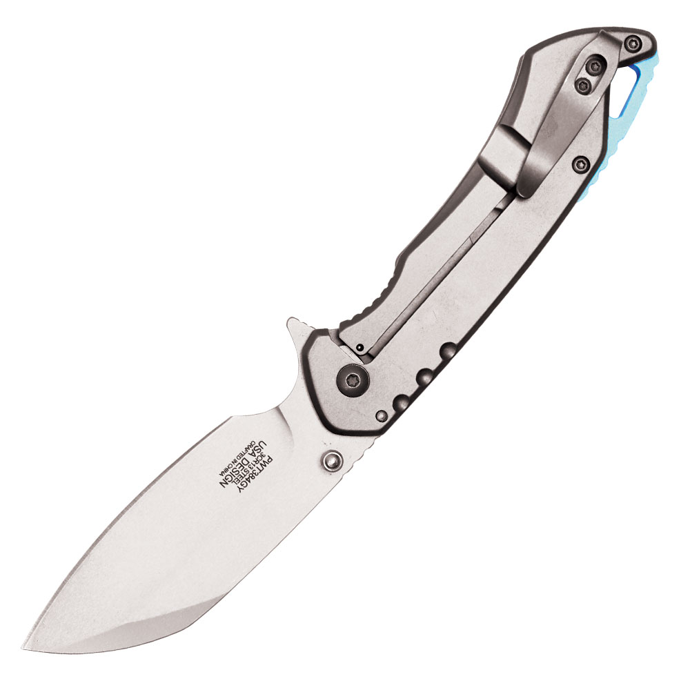 Assisted Open Folding Pocket Knife, Grey Handle w/ Blue Accents view 2